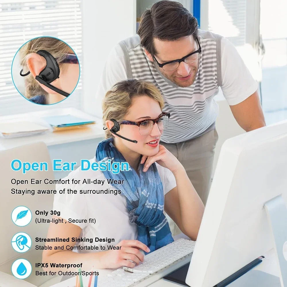 Auriculares inalámbricos Bluetooth 5,3 con micrófono botón de silencio desmontable auriculares de camionero de oreja abierta para teléfono móvil oficina de negocios - imagen 2