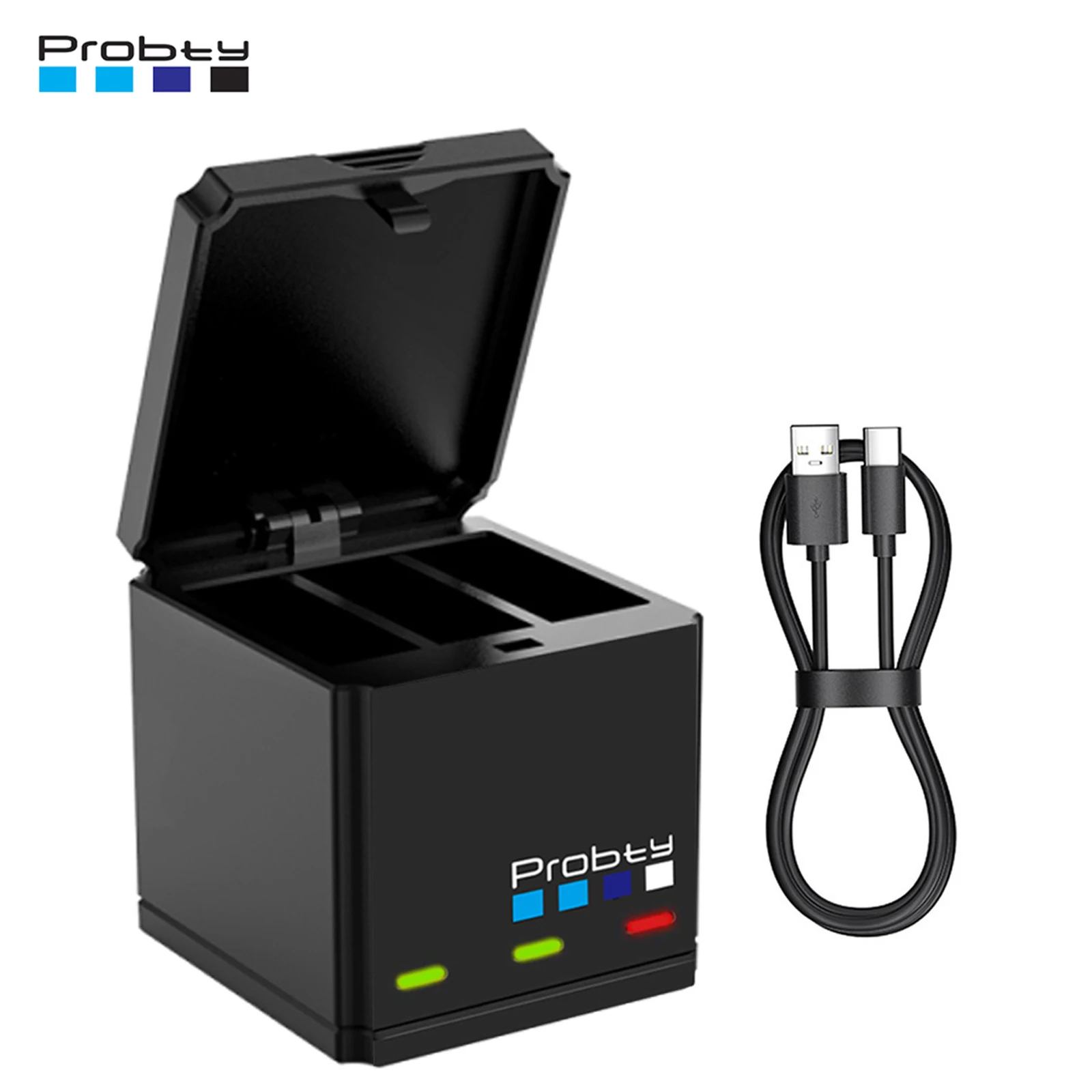 Probty-cargador de batería para GoPro Go Pro Hero 8, 7, 6, 5, cargador rápido negro de 3 vías con Cable tipo C, accesorios para Cámara de Acción