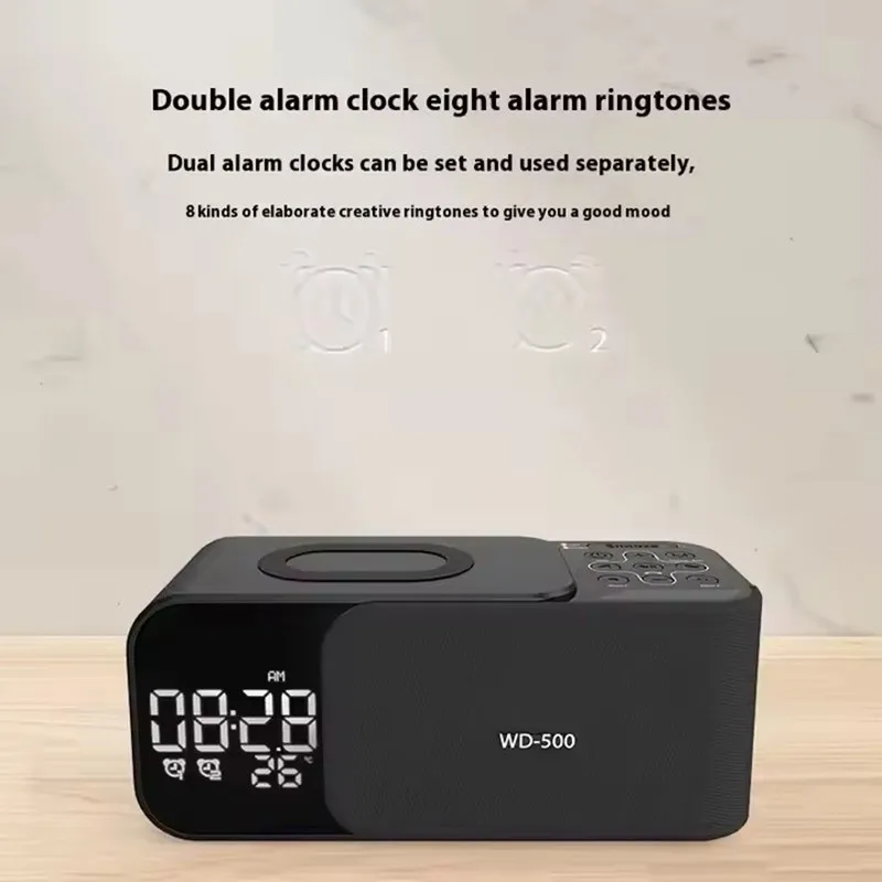 Reloj despertador doble con carga inalámbrica de 15W, Altavoz Bluetooth para el hogar con luz nocturna, subwoofer Bluetooth, pantalla de temperatura FM/TF/AUX - imagen 5