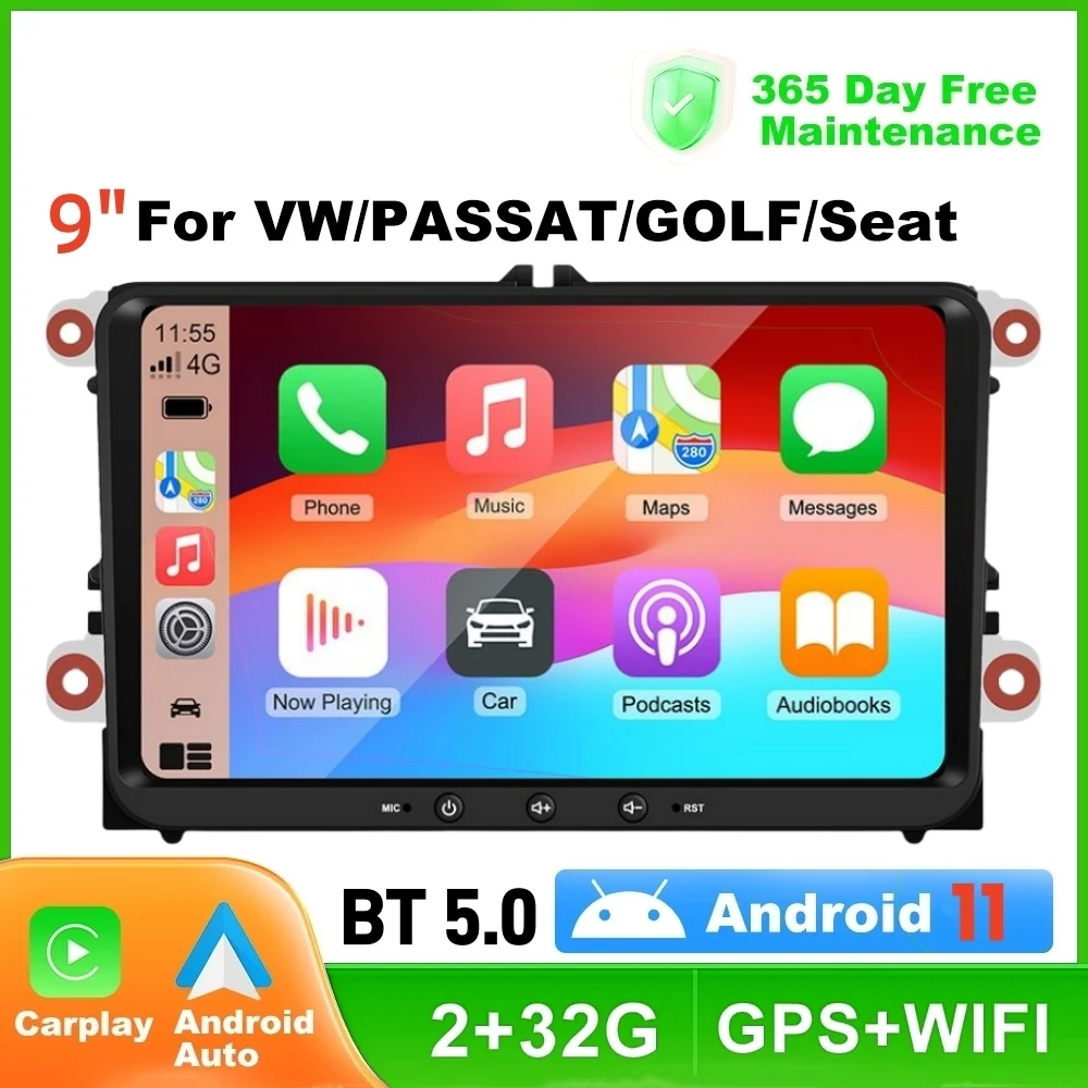 Reproductor multimedia con pantalla de 9 pulgadas y navegación GPS para VW, autorradio estéreo Universal con Android 11, CarPlay, Bluetooth, FM, para VW Passat Golf MK5 MK6 Jetta T5 EOS POLO