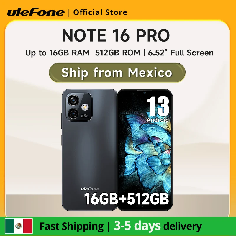 Ulefone Note 16 Pro Smartphone Hasta 16GB RAM 512GB ROM Android 13 Versión Global 50MP 6.52 pulgadas 4400mAh GPS 4G Cellula