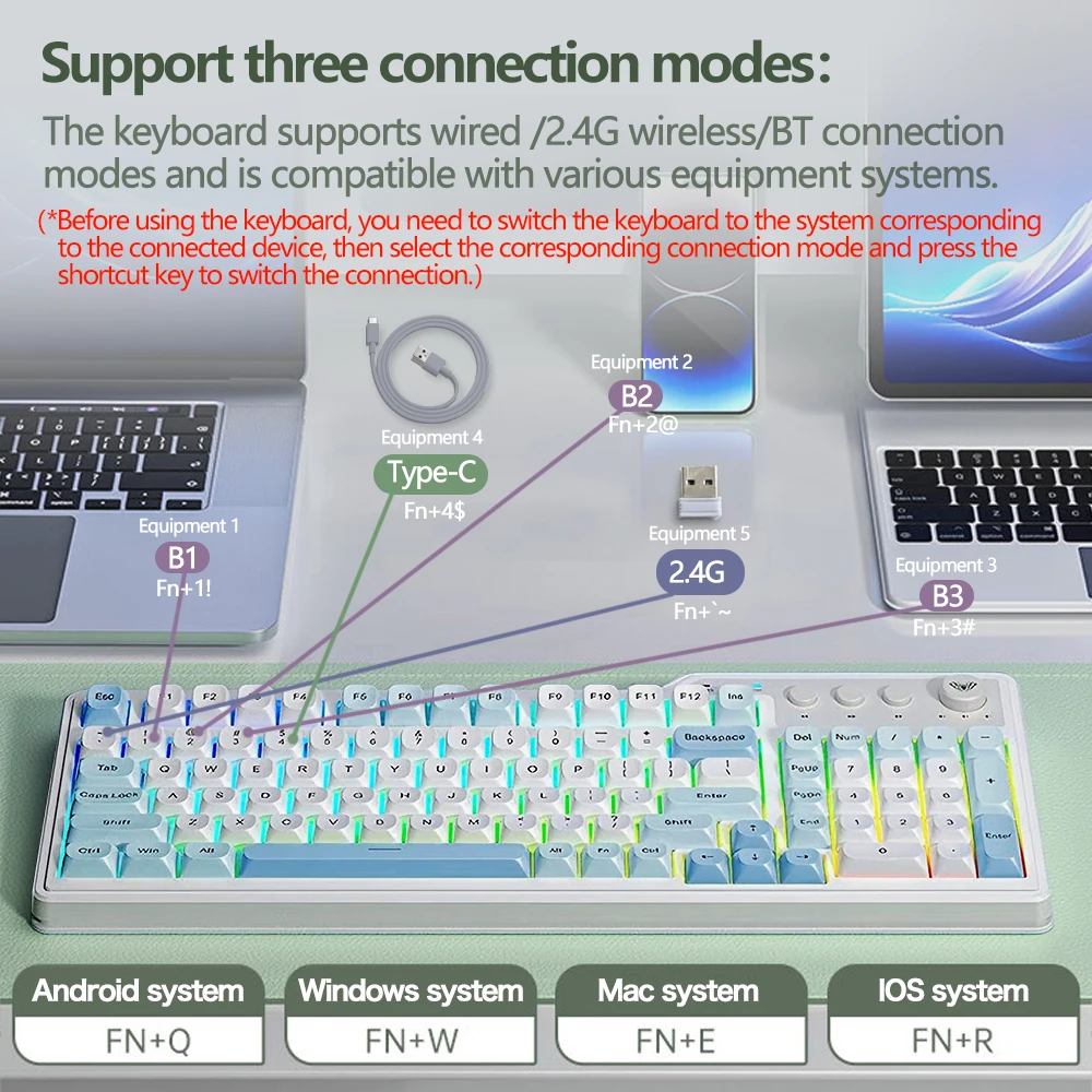 Teclado de membrana AULA F3099, luz retroiluminada RGB de 99 teclas, teclado para juegos de tres modos, sonido de tecla suave, teclado de oficina con botón giratorio - imagen 3