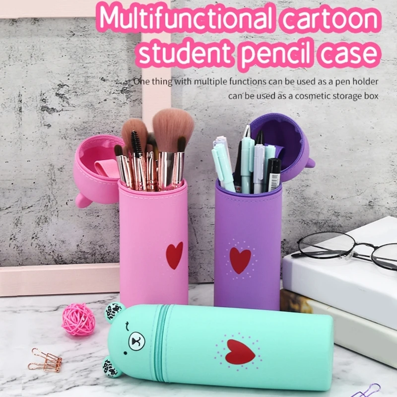 Bolsa lápices oso dibujos animados, estuche bolígrafo silicona con cremallera, portalápices capacidad y y