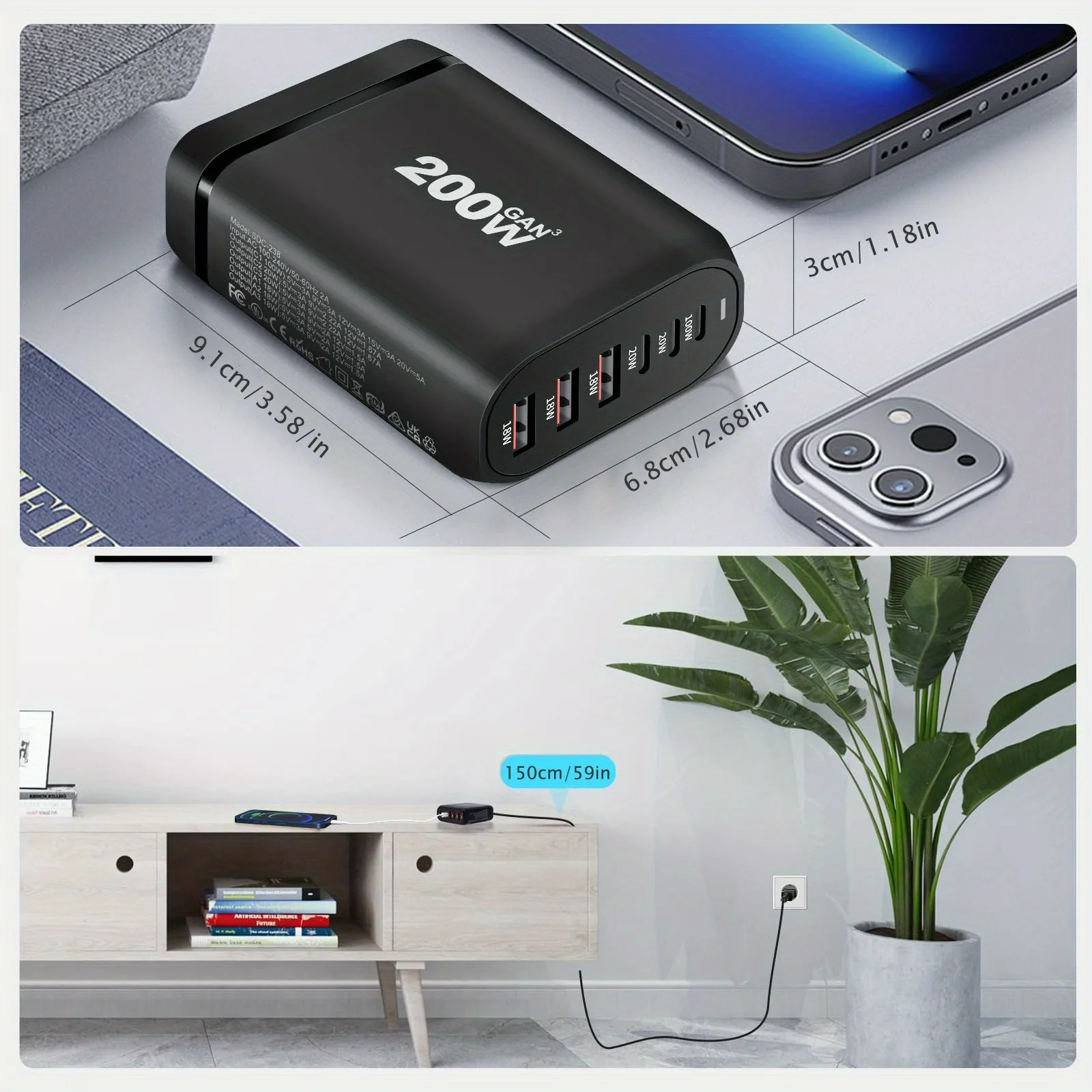 Estación de carga con indicador LED GaN USB C de 200W para teléfonos móviles 6 puertos 3C3A carga rápida de alta potencia para iphone, para MacBook, etc. - imagen 4