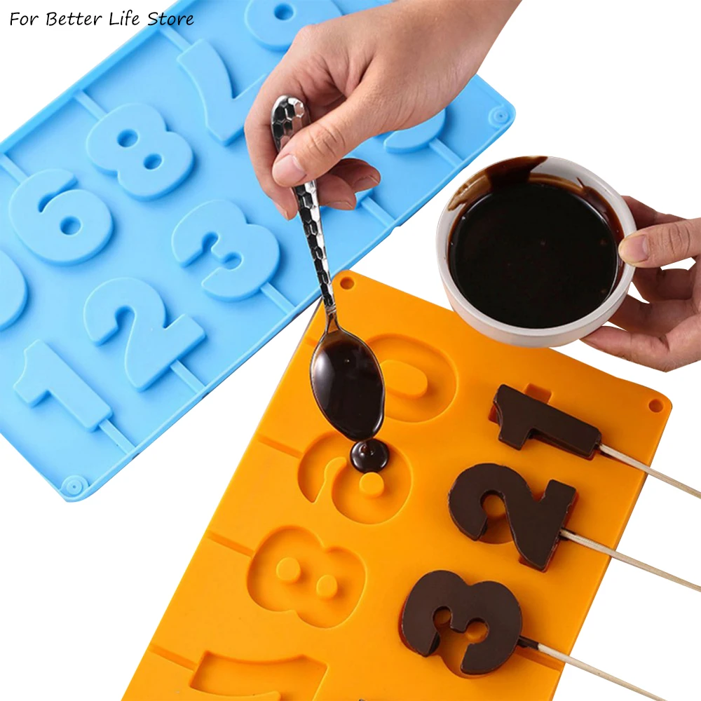 1 Uds. De silicona con forma de piruleta de 0-9 números, molde 3D hecho a mano, gelatina, caramelo de Chocolate con palos, decoración de fiesta, buena dureza