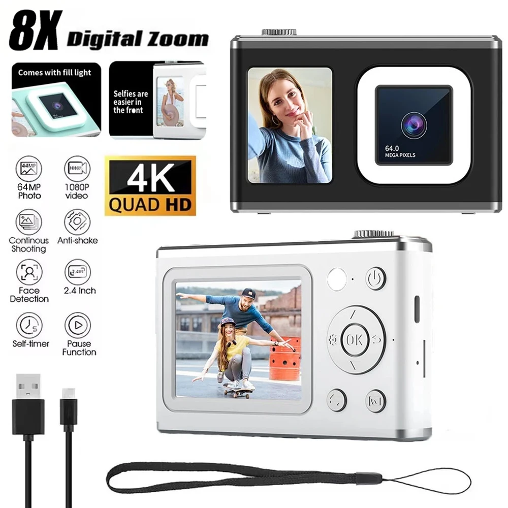 Cámara grabadora de vídeo Digital de 64MP, pantalla de 2,4 pulgadas, videocámara para niños, lámpara de Flash, cámara compacta con Zoom 8x para fotografía de principiantes