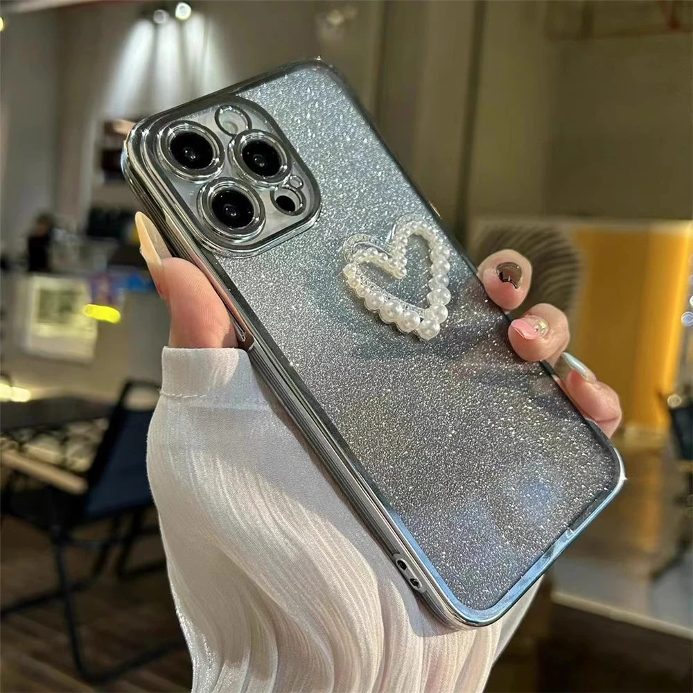 Funda de teléfono con purpurina y corazón de amor y perlas 3D para Samsung S25 S24 S23 Ultra S21 S22 Plus S20 FE S10, funda trasera de silicona suave a prueba de golpes - imagen 4