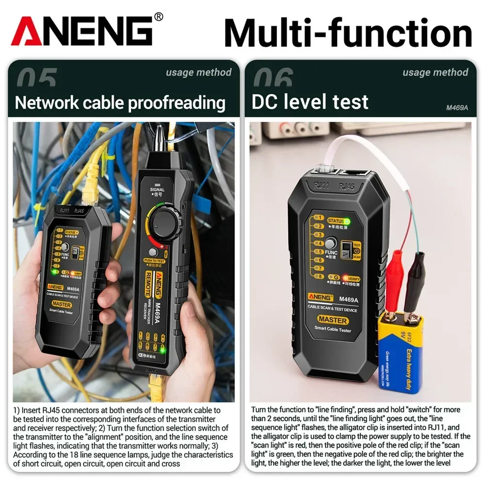 Probador de Cable de red RJ45 RJ11 ANENG M469A, analizador de red, probador de Cable LAN, rastreador de cables, Detector de tóner, herramientas de prueba de línea - imagen 5