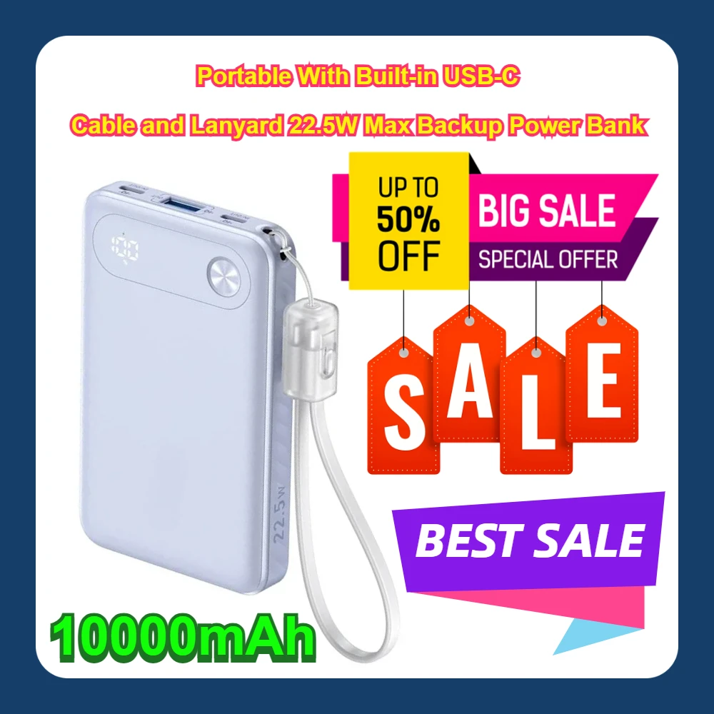 Portátil de 10000 mAh con cable USB-C incorporado y cordón Banco de energía de respaldo máximo de 22,5 W