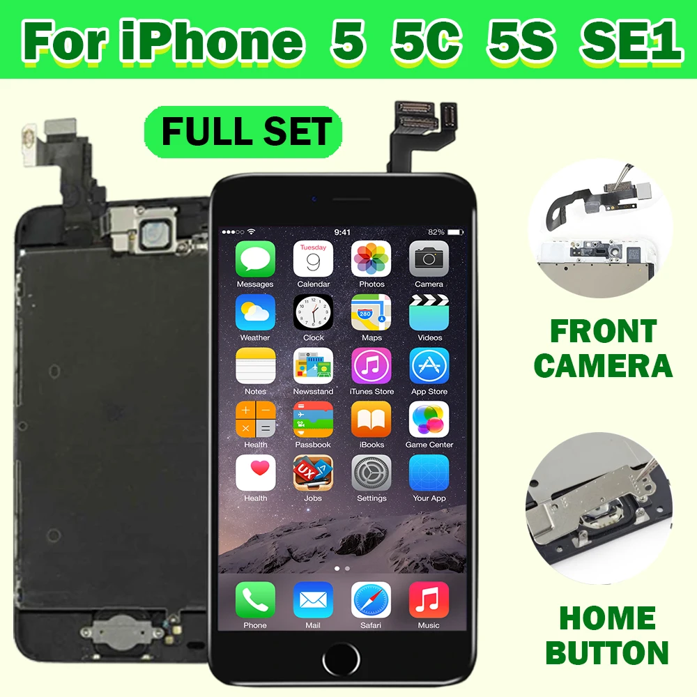 Juego completo de pantalla LCD para iPhone 5 5C 5S SE 2016, repuesto de pantalla táctil digitalizador, montaje completo + cámara frontal + botón de inicio