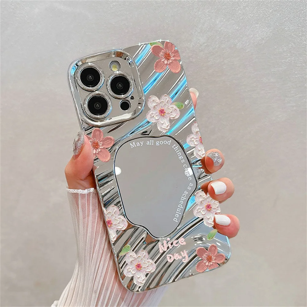 Funda de teléfono con espejo de maquillaje de flores de lujo para iPhone 13 11 15 14 16 Pro Max 12 16promax 15promax 14promax Funda a prueba de golpes - imagen 5