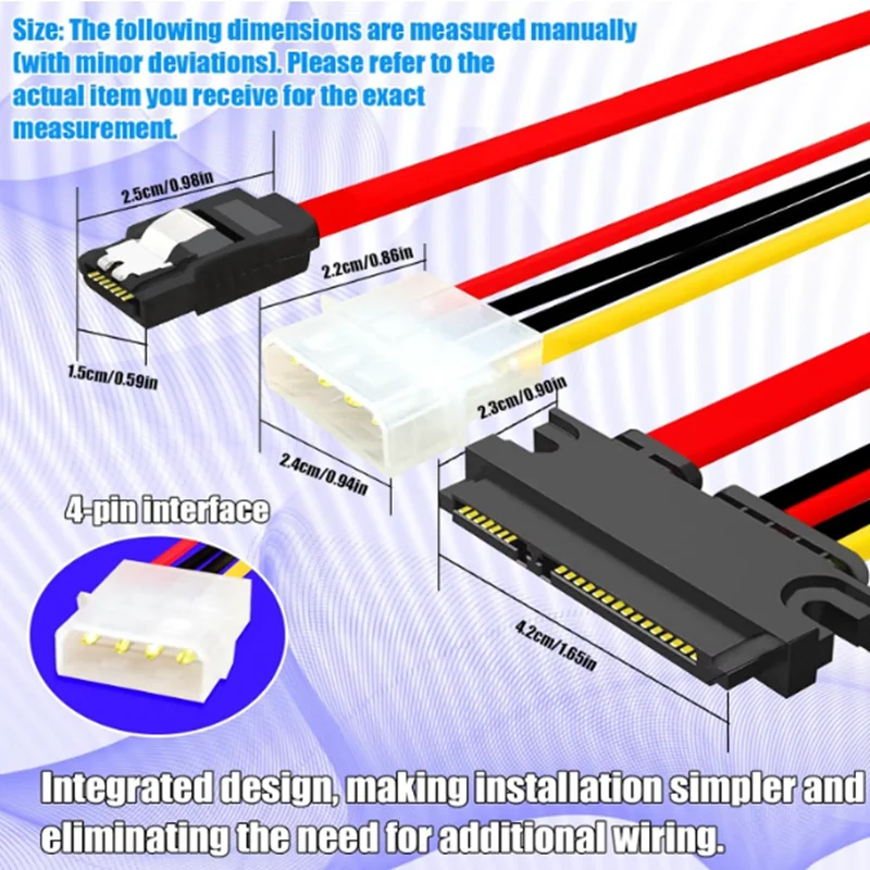 Cable combinado de alimentación de datos de disco duro SATA: adaptador de 7 + 15 pines y 22 pines a alimentación Molex de 4 pines + cable de datos SATA de placa base - imagen 3
