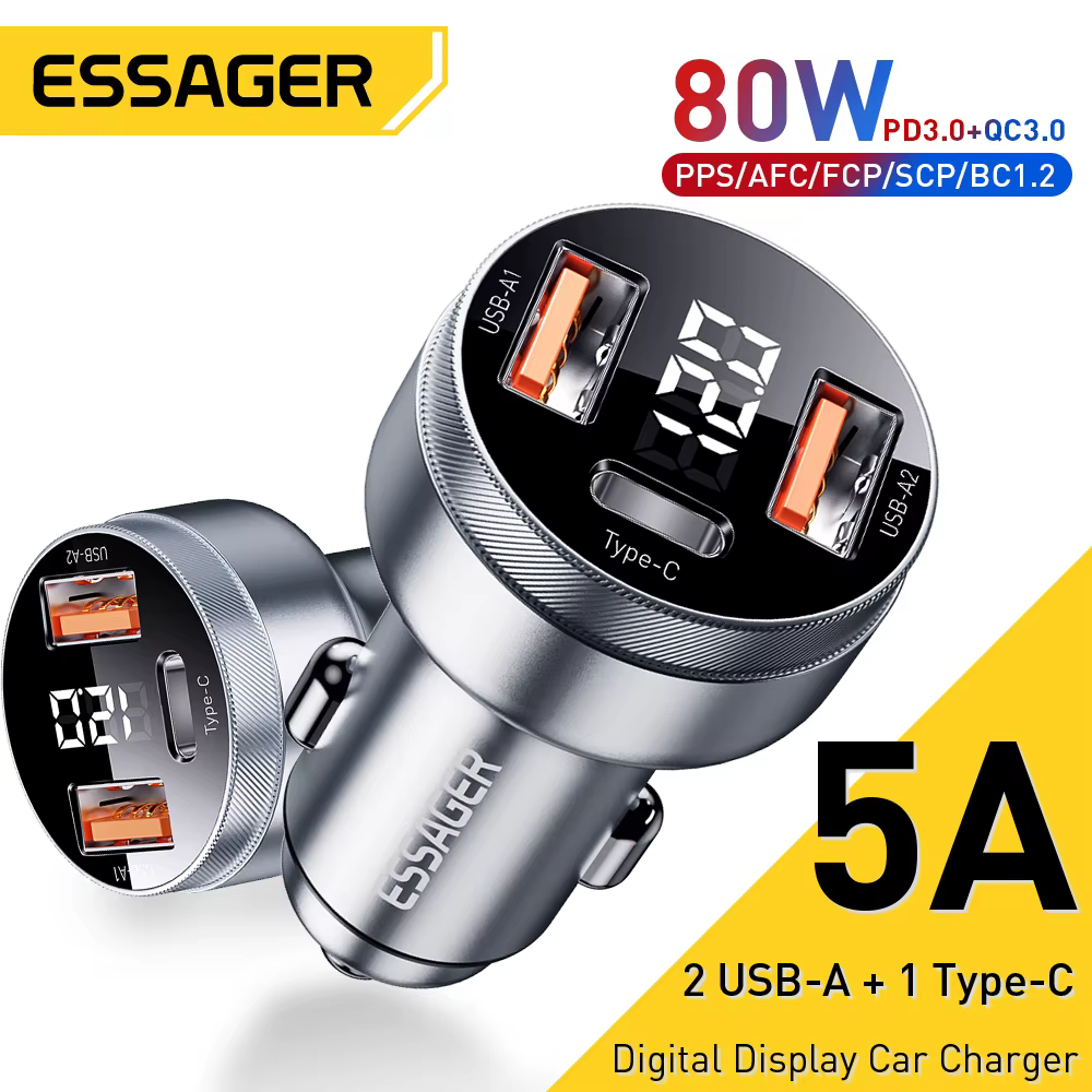 Essager Cargador Coche USB-C PD 80W Carga Rápida