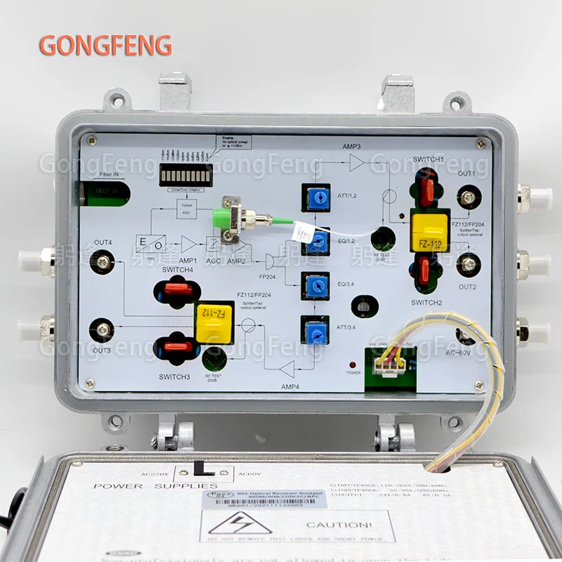Receptor óptico de nodo FTTH CATV para exteriores, resistente al agua, 860MHz, estabilidad de señal equipada con AGC/EQ/ATT, 220V/60V, doble potencia, salida de 4 puertos - imagen 3