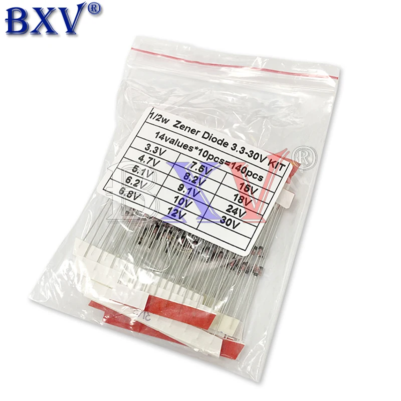 Surtido de diodos Zener de 1/2W, 0,5 W, 3,3-30V, Kit de bricolaje electrónico, 14 valores x 10 piezas = 140 piezas