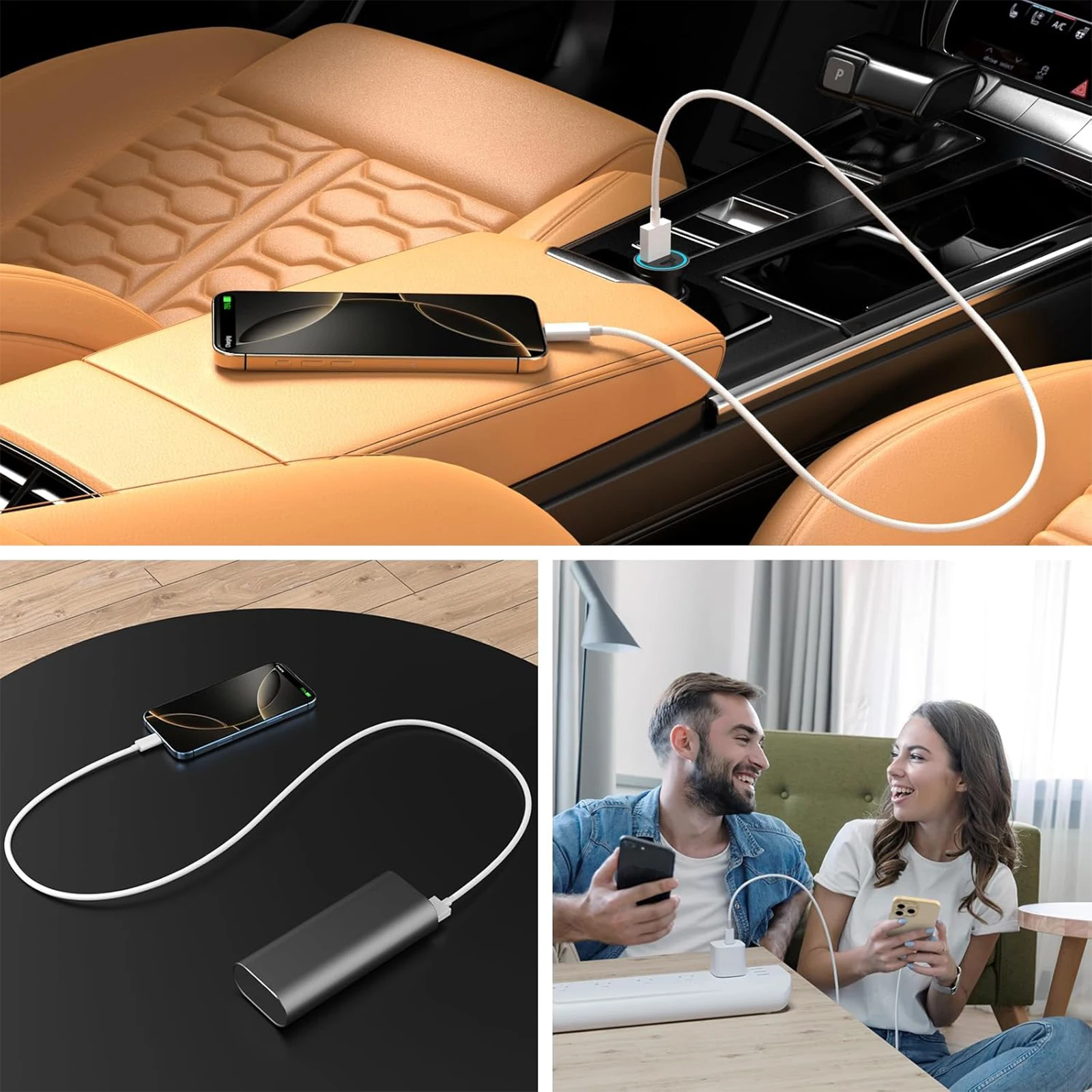 Cable Carplay de coche de 3 piezas para iPhone 16 15 Pro Max, cable de cargador de coche trenzado USB A a USB C para Samsung S23/22/21 Note20 y más. - imagen 2