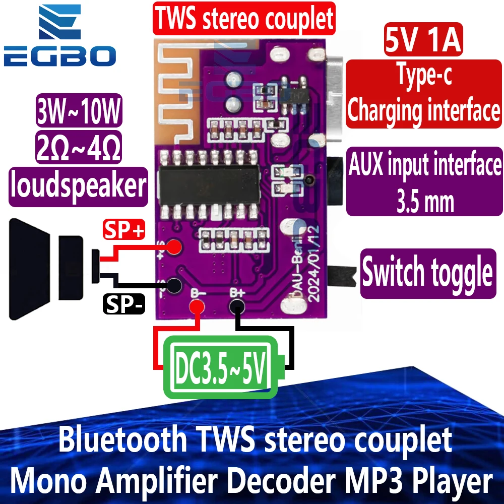 1 ~ 2 uds TWS DC3.5V-5V 5W Bluetooth compatible 5,4 Mono amplificador decodificador reproductor MP3 3,5mm módulo auxiliar receptor DIY altavoz hecho a mano