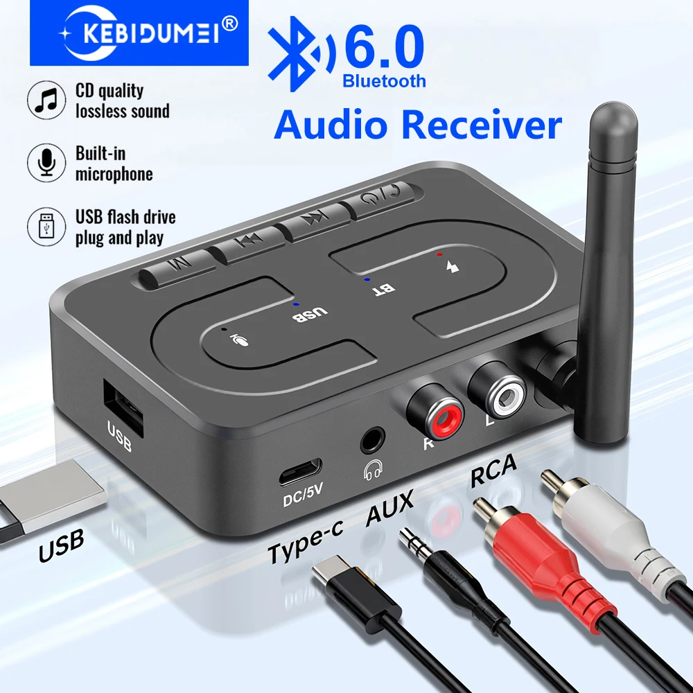 Receptor Bluetooth 6,0, adaptador de Audio inalámbrico, conector de 3,5mm, 2RCA, USB, estéreo HiFi, receptor de Audio Bluetooth para amplificador de altavoz de coche