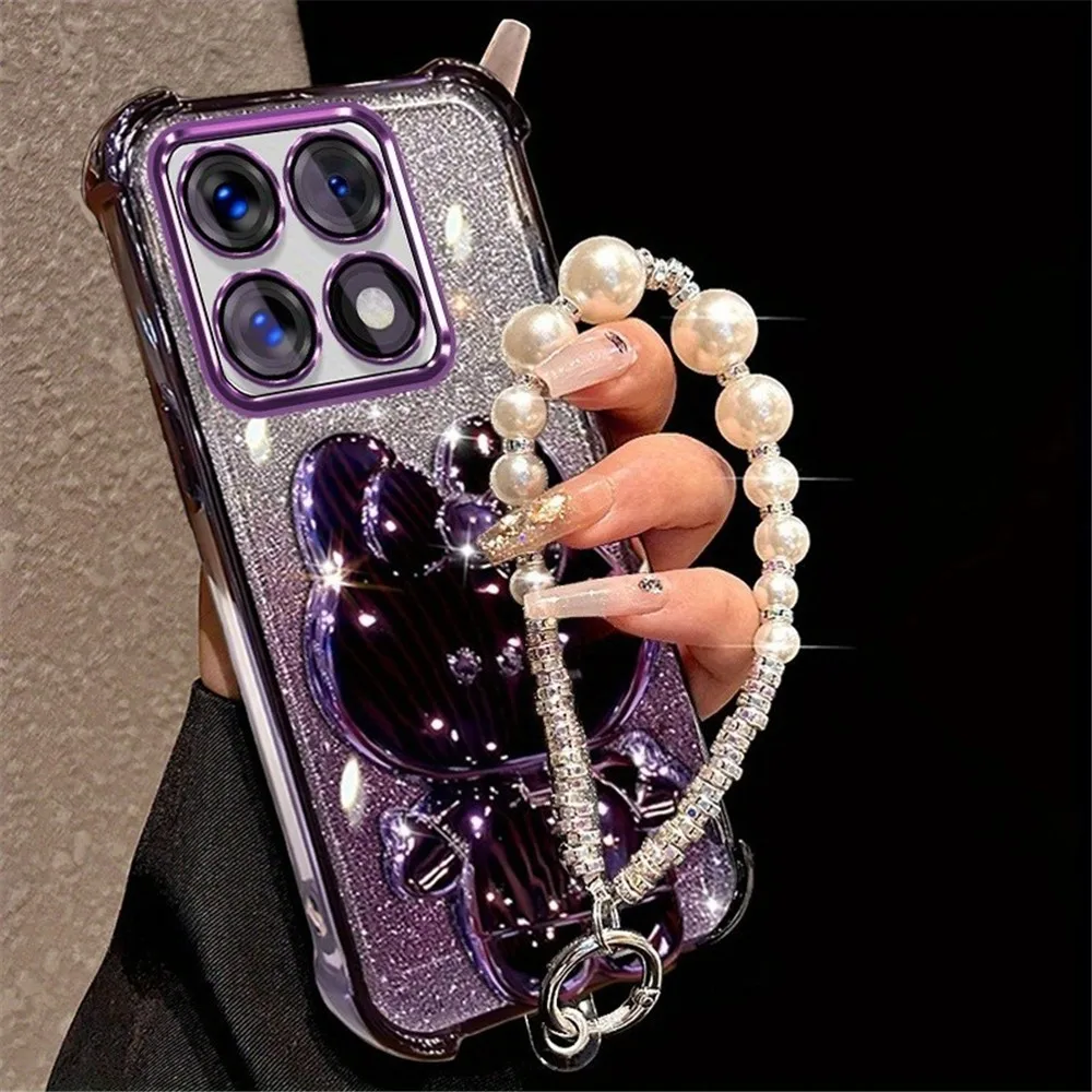 Funda de teléfono con soporte de conejo y espejo con pulsera de perlas para iPhone X XS Max XR 7 8 6 6S Plus SE 2020, funda de silicona suave a prueba de golpes con purpurina - imagen 2