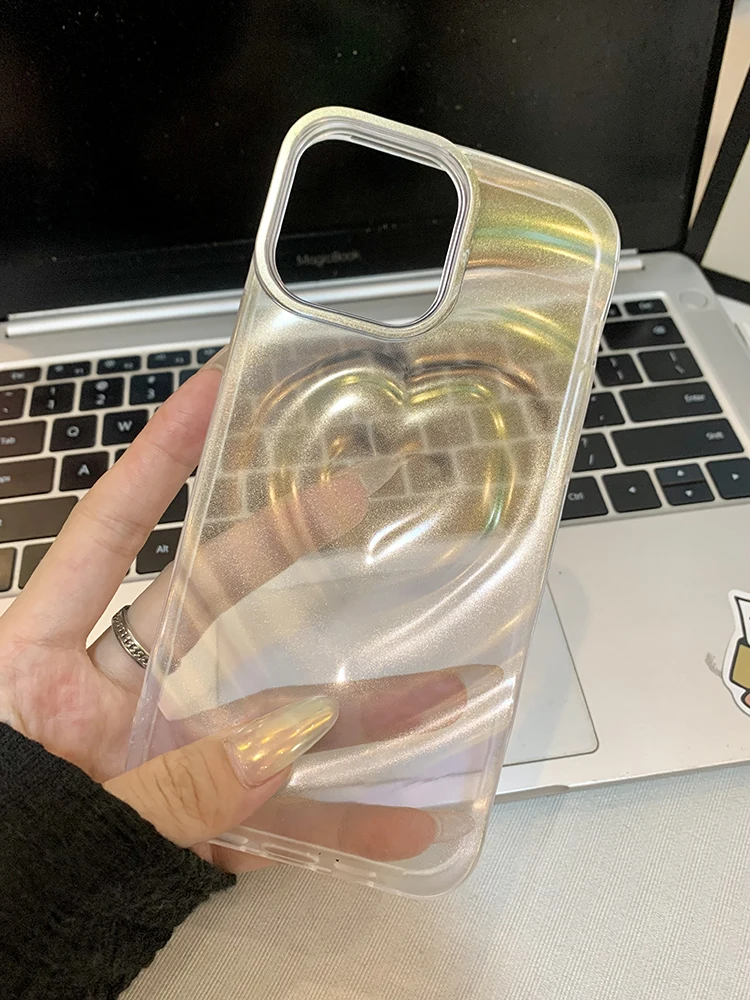 Funda Retro de moda con purpurina y pliegues de corazón de amor para iPhone 16 Pro Max 15 14 13 12 11, funda suave de TPU blanca transparente a prueba de golpes - imagen 4