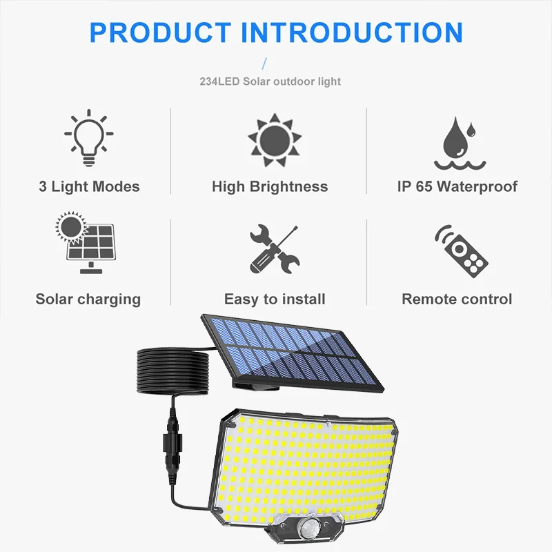 Luces LED de seguridad solares con Sensor de movimiento para exteriores, luz de inundación 234LED IP65, lámpara de pared dividida impermeable, alimentada por energía Solar, 3 modos - imagen 4