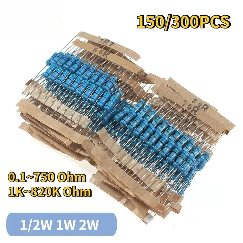 150/300 Uds 1/2W 1W 2W resistencia de película metálica 1% resistencia paquete surtido 30 valores 0.1R ~ 750R 1K ~ 820K Ohm resistencias kits surtidos - imagen 3