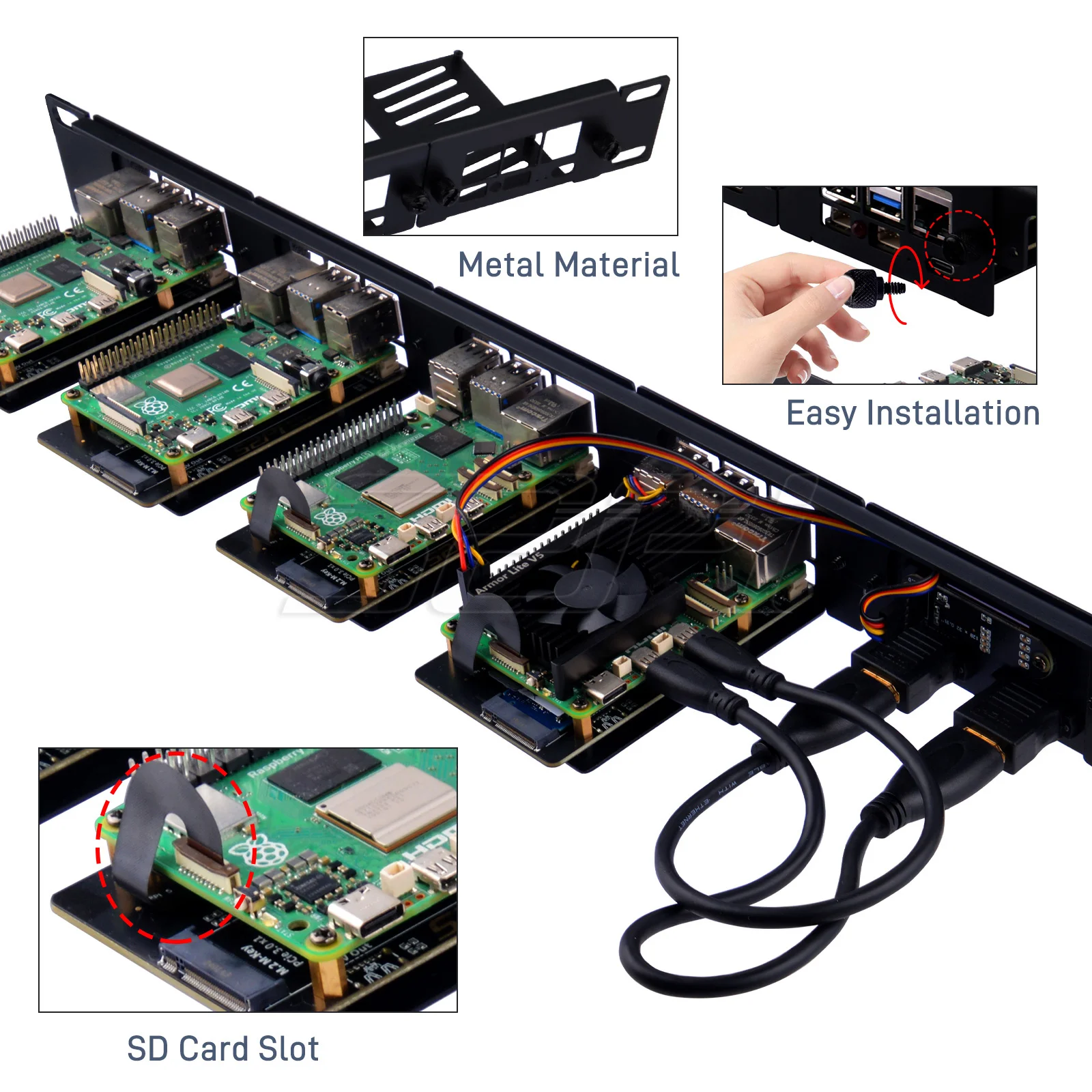 Kit de soporte de acero para montaje en rack 52Pi 1U para Raspberry Pi 5 19 pulgadas 4 ranuras M.2 NVMe SSD 2230/2242/2260/2280 - imagen 3