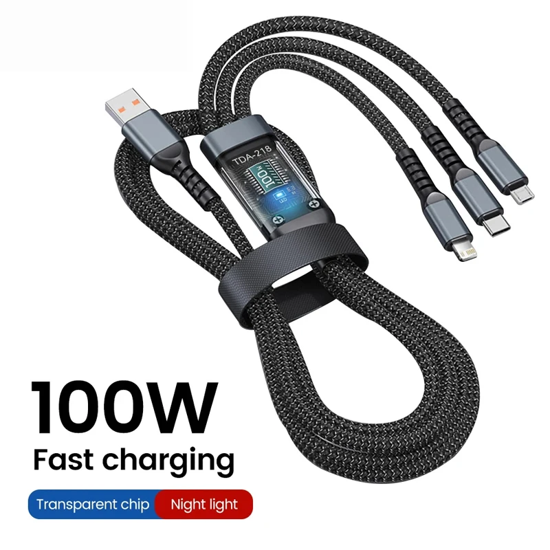Cable de carga rápida 3 en 1 de 100W para iPhone, Xiaomi, Poco, Huawei, Samsung, Micro USB tipo C, Cable de carga multipuerto