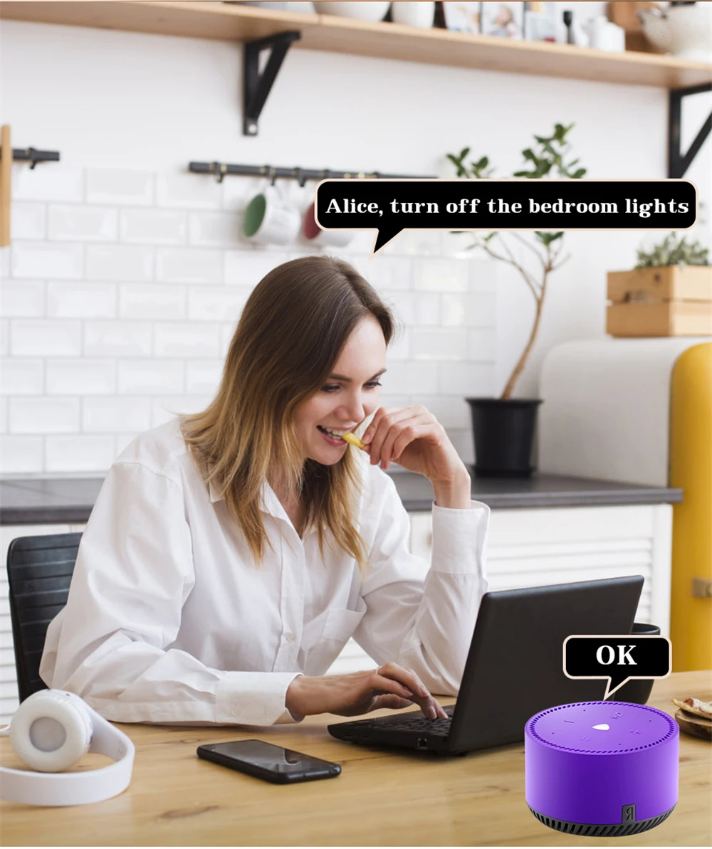 Una mujer sentada en un escritorio con una computadora portátil y un altavoz morado