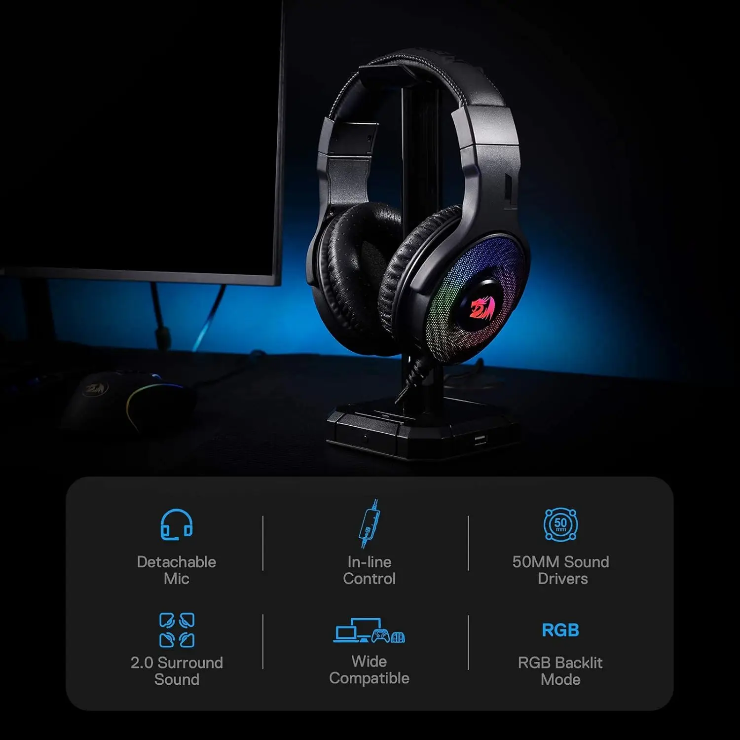 Redragon H350 RGB Wired Dynamic RGB Backlight Dynamic RGB Backlight Gaming Headset 50MM Drivers Over-Ear Headphones - imagen 2