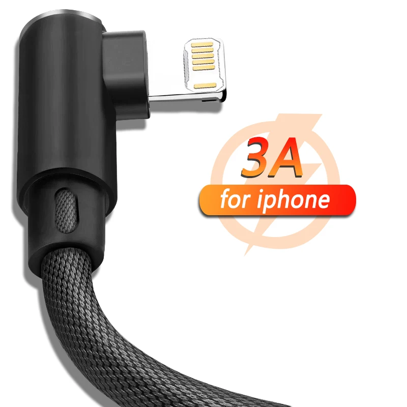 Cable USB de 90 grados para iPhone 14 13 12 11 Pro Max X XR 6s 7 8 Plus Cable de carga rápida para teléfono móvil Cable cargador de datos