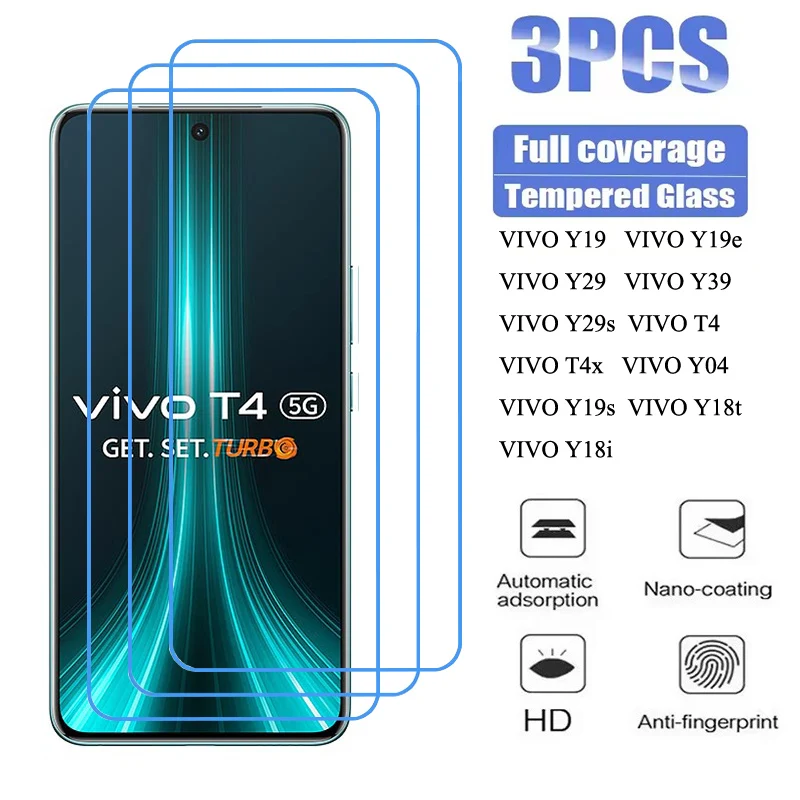 3 uds película de vidrio templado para VIVO Y19 Y19e Y29 Y39 Y29s T4 T4x 5G Y04 Y19s Y18t Y18i Protector de pantalla