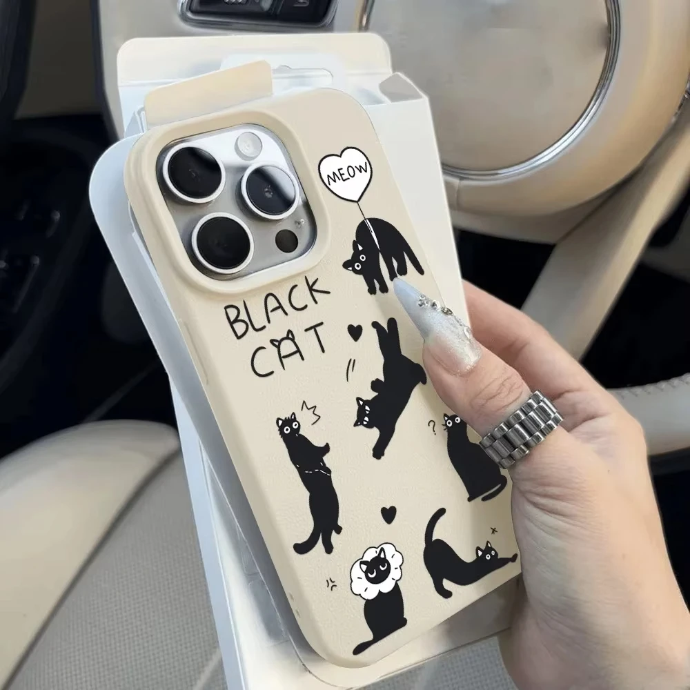 Bonita funda de teléfono de gato negro para iPhone 16 15 Plus, funda para iPhone 17 16 15 11 12 14 Pro Max, funda mate suave de cuero con patrón de lichi - imagen 3