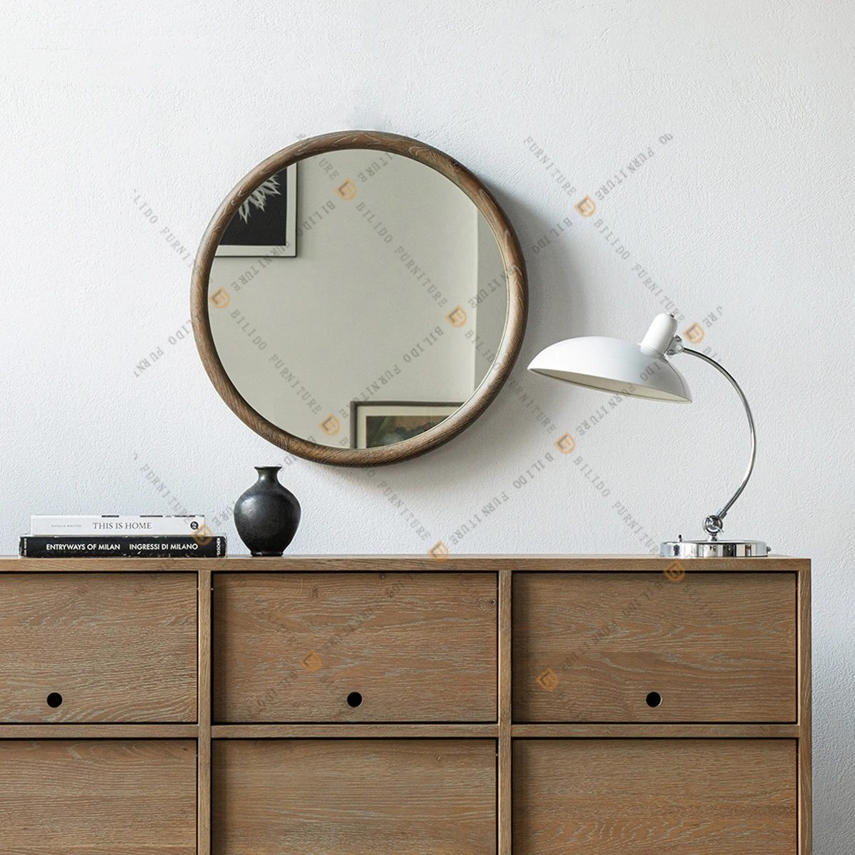 Espejo de puerta de baño y tocador de dormitorio de vidrio plateado moderno para villa de hotel hecho de madera