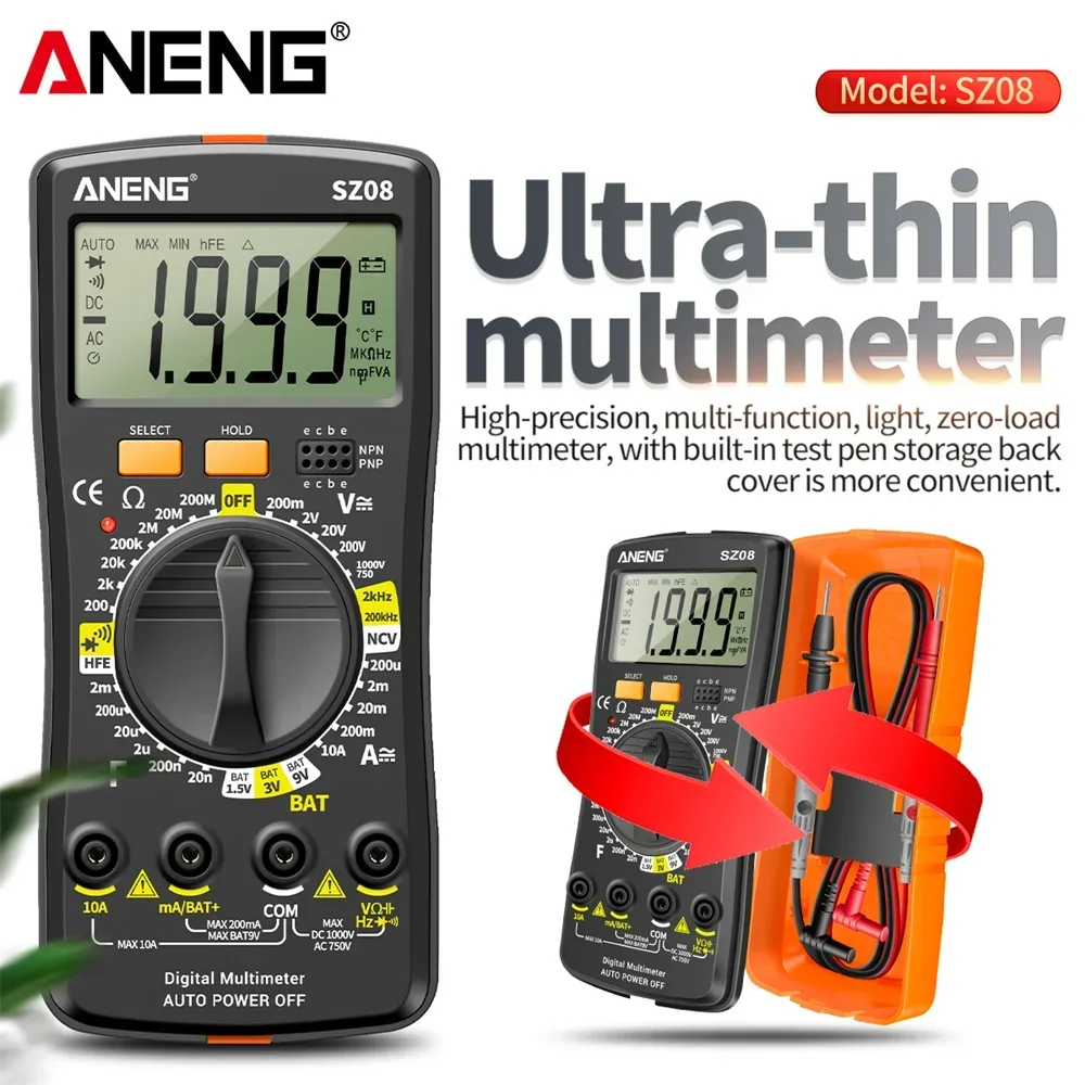 ANENG-multímetro Digital SZ08, multímetro profesional de almacenamiento ultrafino, voltímetro automático AC DC 220V, probador de resistencia manual