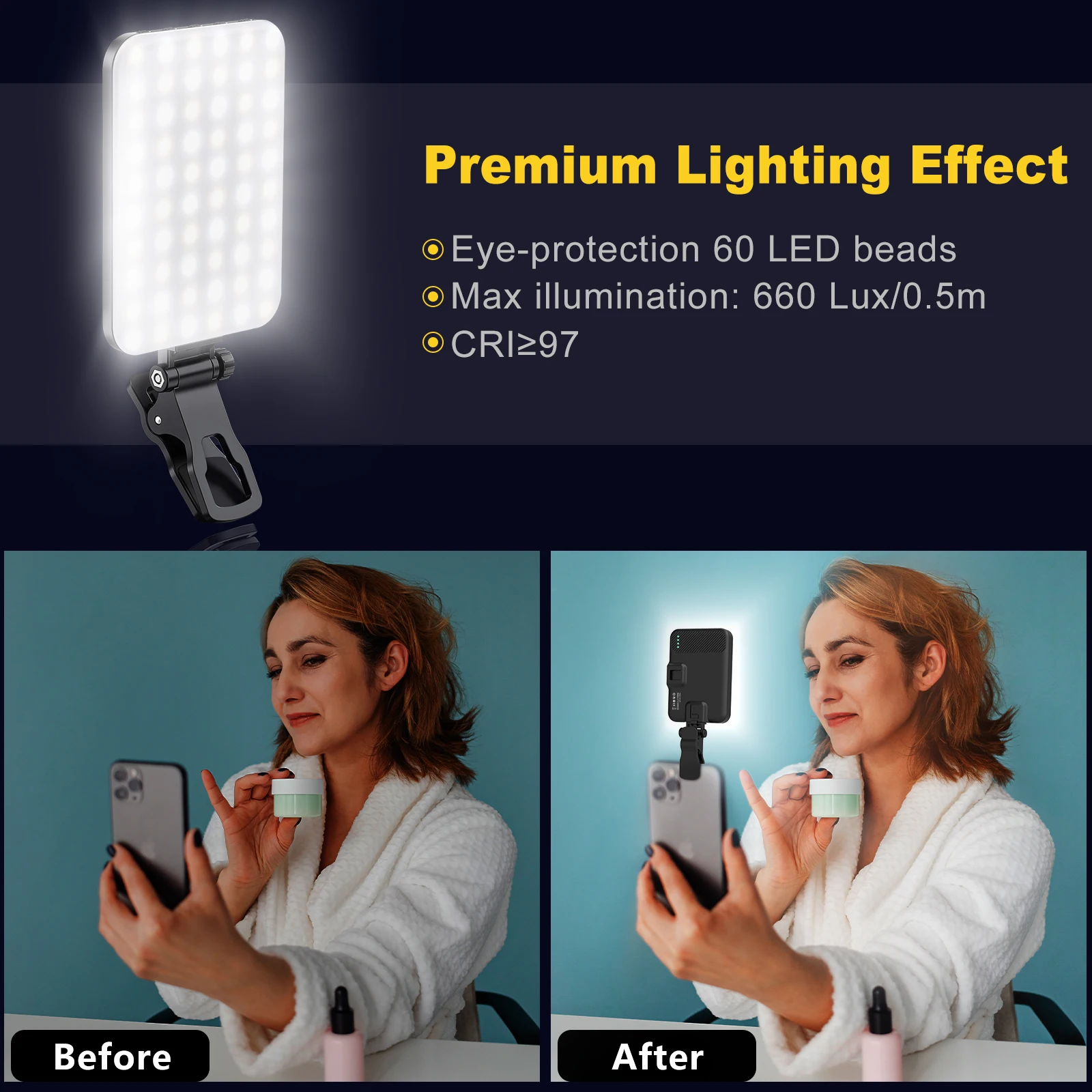 Luz LED para selfies, 60 luces de vídeo recargables de alta potencia con Clip para teléfono iPad con Clip frontal y trasero, 3 modos de luz ajustados - imagen 5