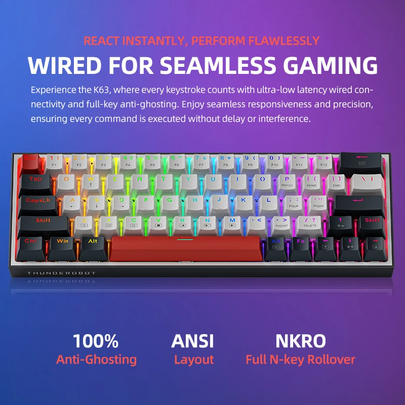 Teclado mecánico Thunderobot K63 con cable RGB ANSI 60% diseño de 63 teclas con teclas de flecha teclado para juegos intercambiable en caliente para jugadores - imagen 5