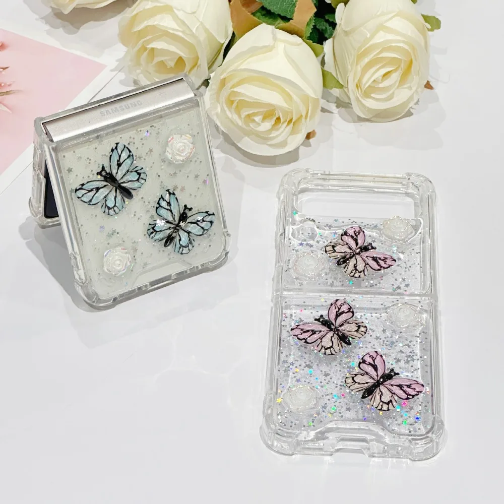 Funda de teléfono con purpurina para Samsung Galaxy Z, carcasa con diseño de estrellas, 3D, rosa, mariposa, tapa 6, 5, 4, 3, 5G, dura, transparente, plegable, techo de choque, parachoques Acrílico - imagen 4