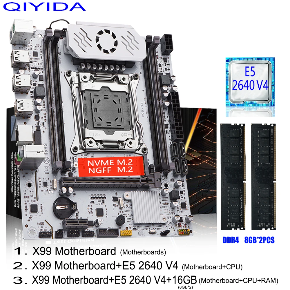 QIYIDA X99 juego de placa base LGA 2011-3 kit combo Xeon E5 2640 V4 CPU DDR4 8GBx2PCS = 16GB NVME NGFF M.2 SATA3.0 USB3.0 X99 C612chip