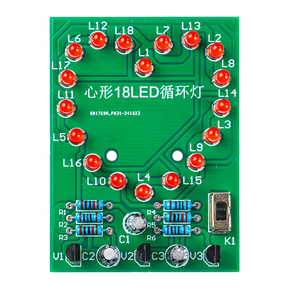 Kit electrónico de luces LED que fluyen en forma de corazón, Kit de soldadura PCB de 18 luces LED rojas con caja de batería, módulo de placa de circuito DC3V - imagen 3