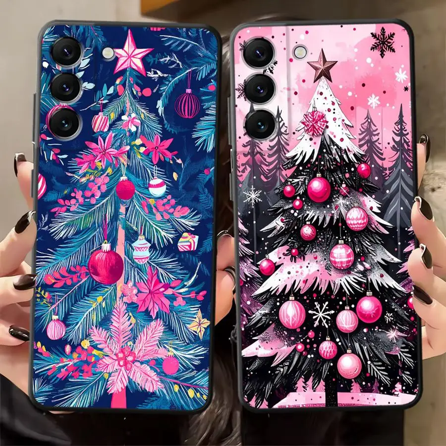 Funda de teléfono suave negra para Samsung Galaxy A17 A06 A70 A40 A16 A20 A13 A50 A30 A15 A04 A10 A12 A05 árbol de Navidad rosa