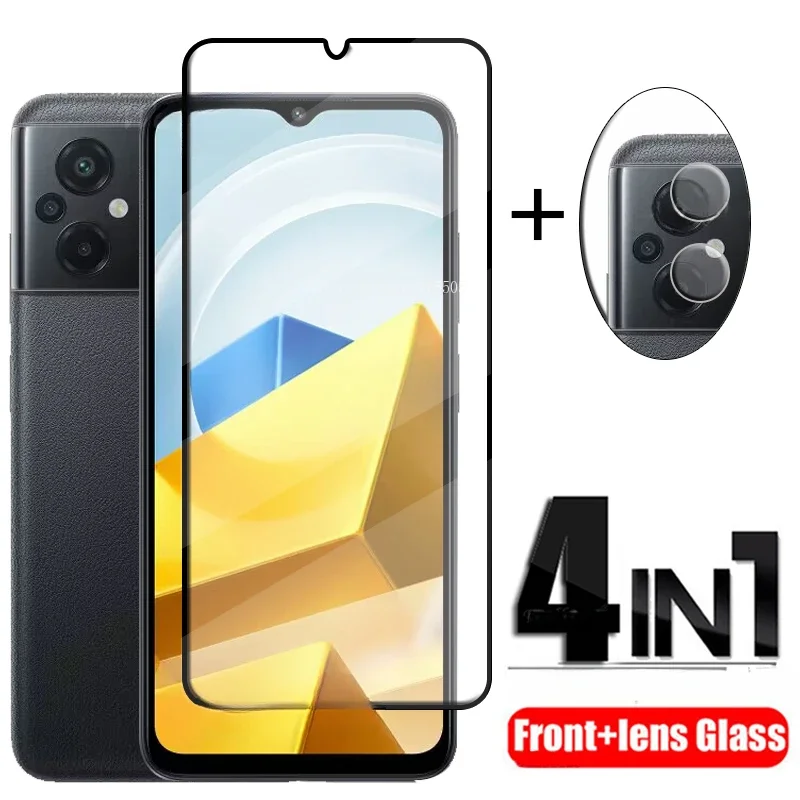 Cubierta de vidrio templado 4 en 1 para Xiaomi Poco M5, Protector de pantalla con pegamento completo 9H para Poco M4, M5S, M5