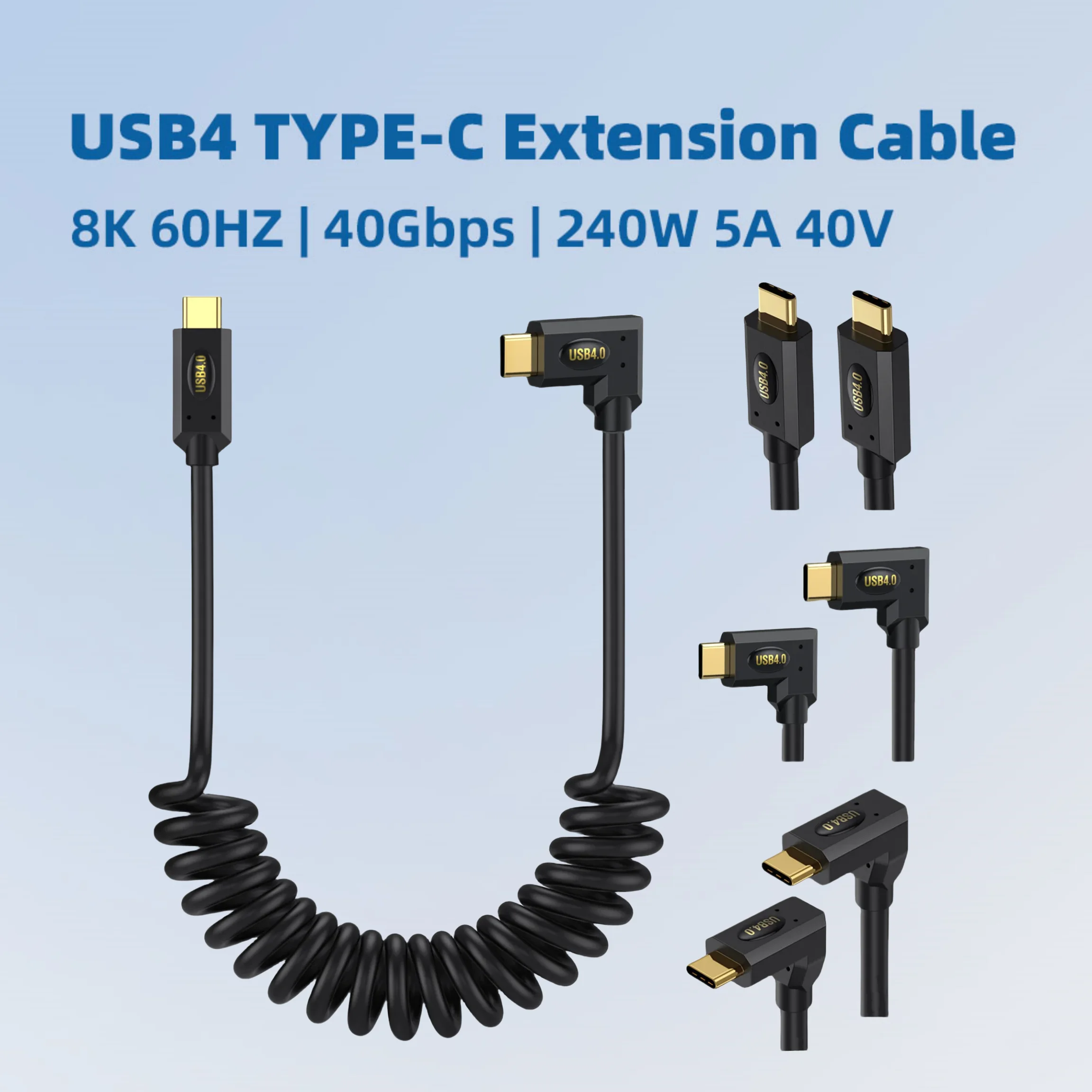 Cable retráctil USB4 de doble puerto tipo C con resorte, 240W (48V/5A), 8K, 60Hz, Cable para ordenador portátil Thunderbolt, 40Gbps, PD Coaxial de alta velocidad, 1,2 m