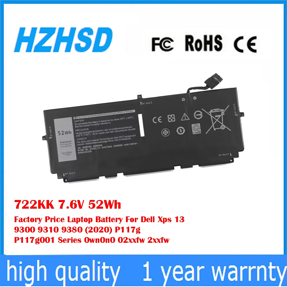 722KK 7,6 V 52Wh precio de fábrica batería del ordenador portátil para Dell Xps 13 9300 9310 9380 (2020) P117g P117g001 0wn0n0 02xxfw 2xxfw
