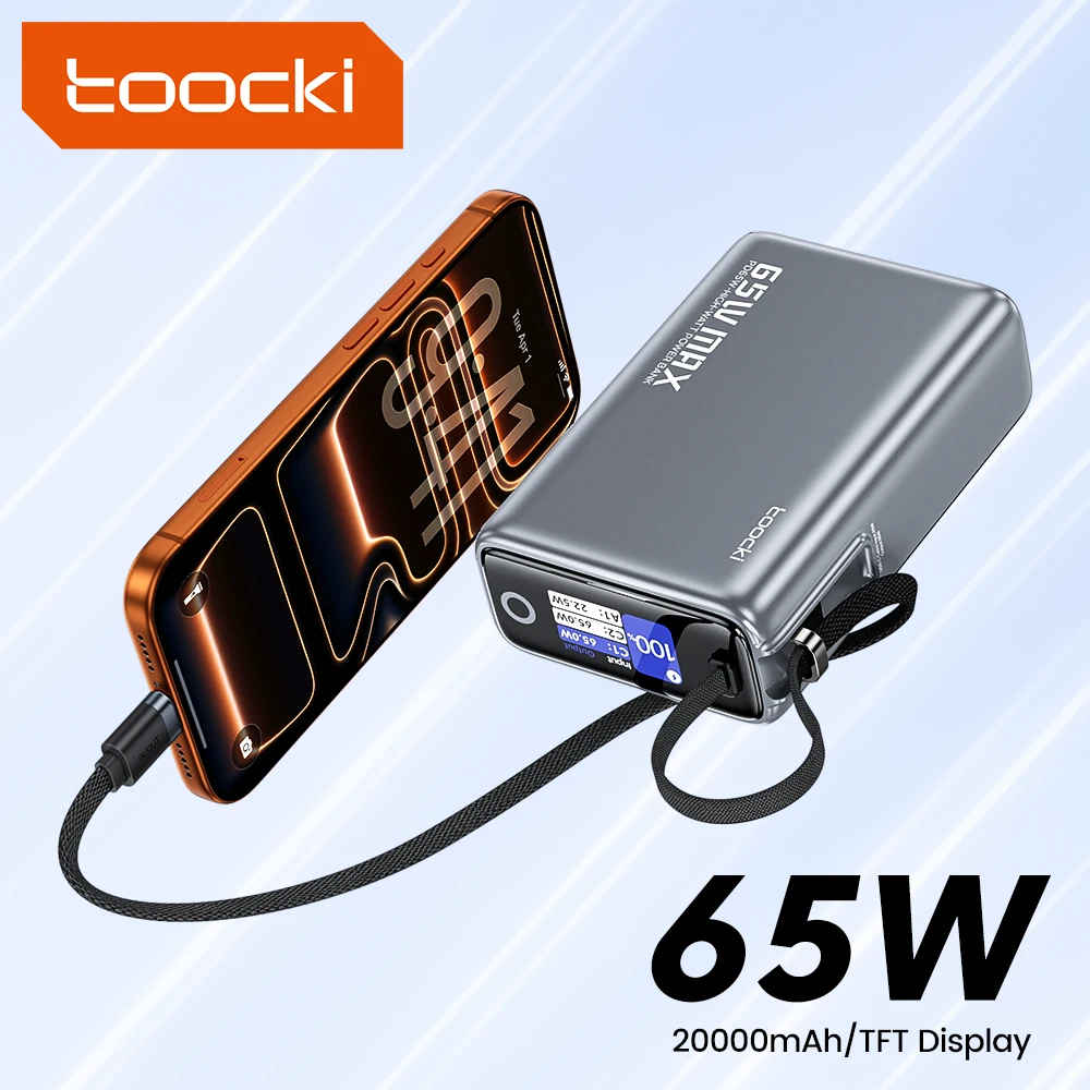 Toocki 20000mAh pantalla Powerbank PD 65W Super carga 3 en 1 banco de energía con Cable USB C para iPhone 17 16 15 Pro Samsung S23 S24