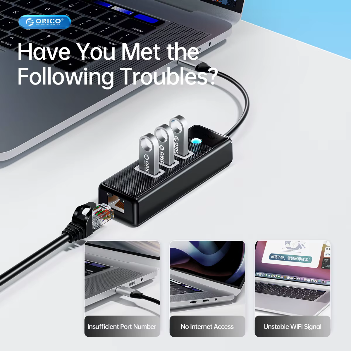 ORICO Adaptador USB Ethernet Gigabit Hub RJ45 para Laptop - imagen 3