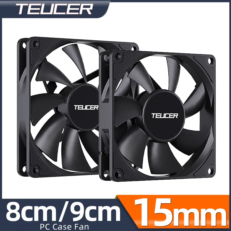 Teucer-ventilador con cubierta de PC, 8cm/9cm, 12V/4 pines, PWM, gran volumen de aire, delgado, 15mm de espesor, rodamiento hidráulico, ventilador de refrigeración de chasis de bajo ruido