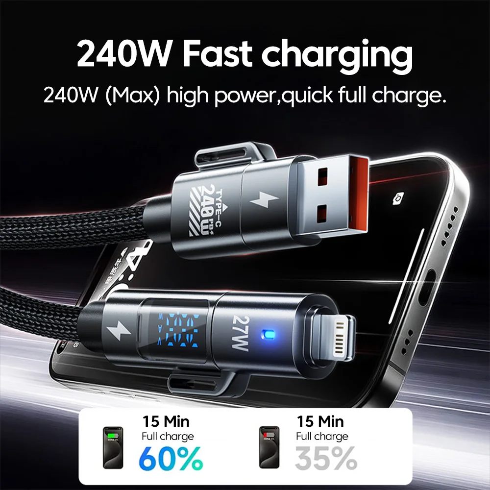 Cable de carga rápida USB C 4 en 1 de 240W, pantalla Digital LED de 1,5 m, Cable de datos tipo C a tipo C para iPhone 15 16 Samsung Xiaomi Poco - imagen 3