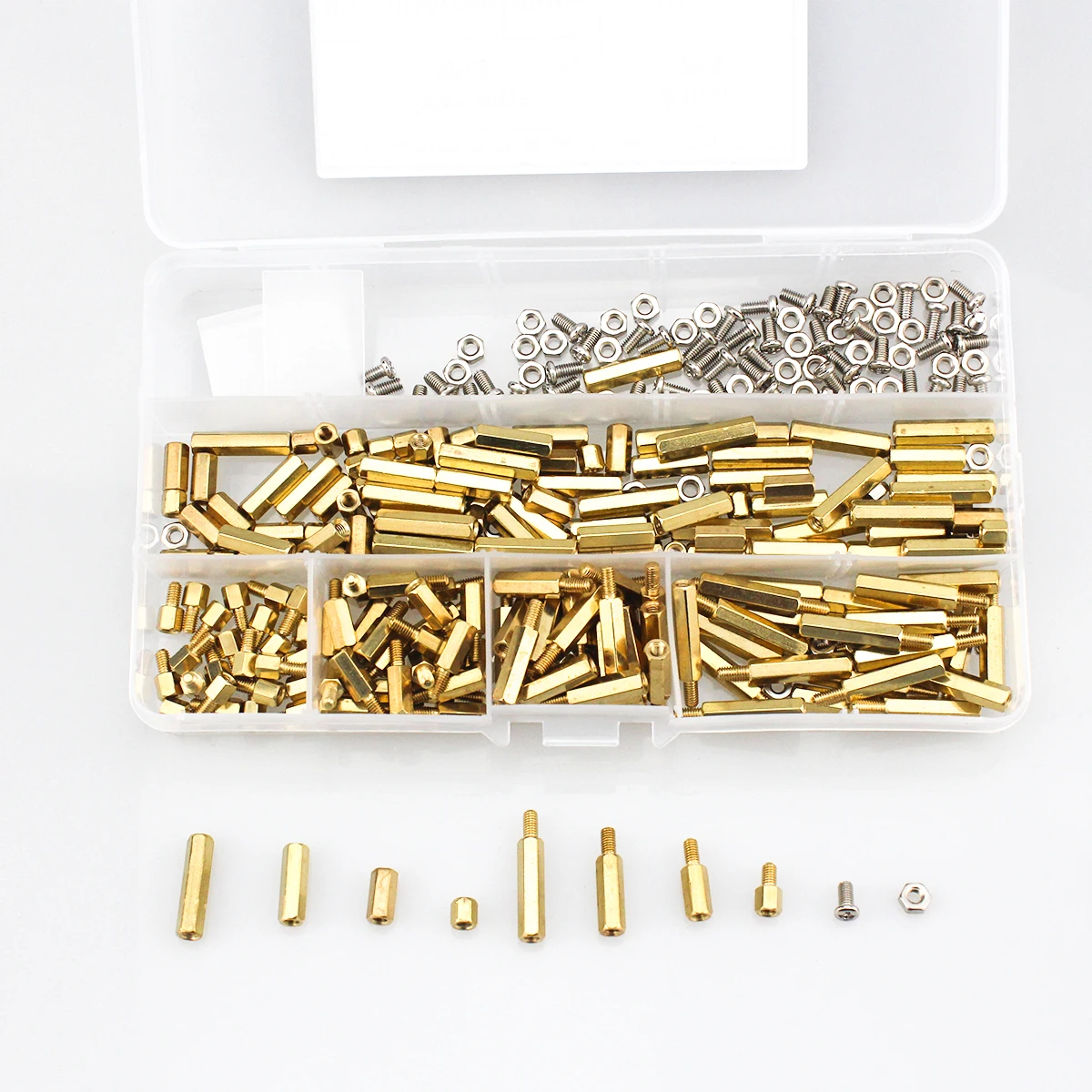 Tuerca de tornillo de acero inoxidable M3, columna espaciadora de latón, columna de aislamiento, combinación de pernos, 10 especificaciones con caja, 300 piezas