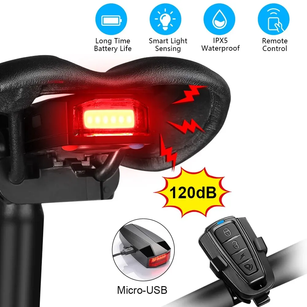 Alarma inalámbrica impermeable para bicicleta, luz trasera de bicicleta, alarma antirrobo, carga USB, Control remoto, luz trasera LED, buscador de bicicleta
